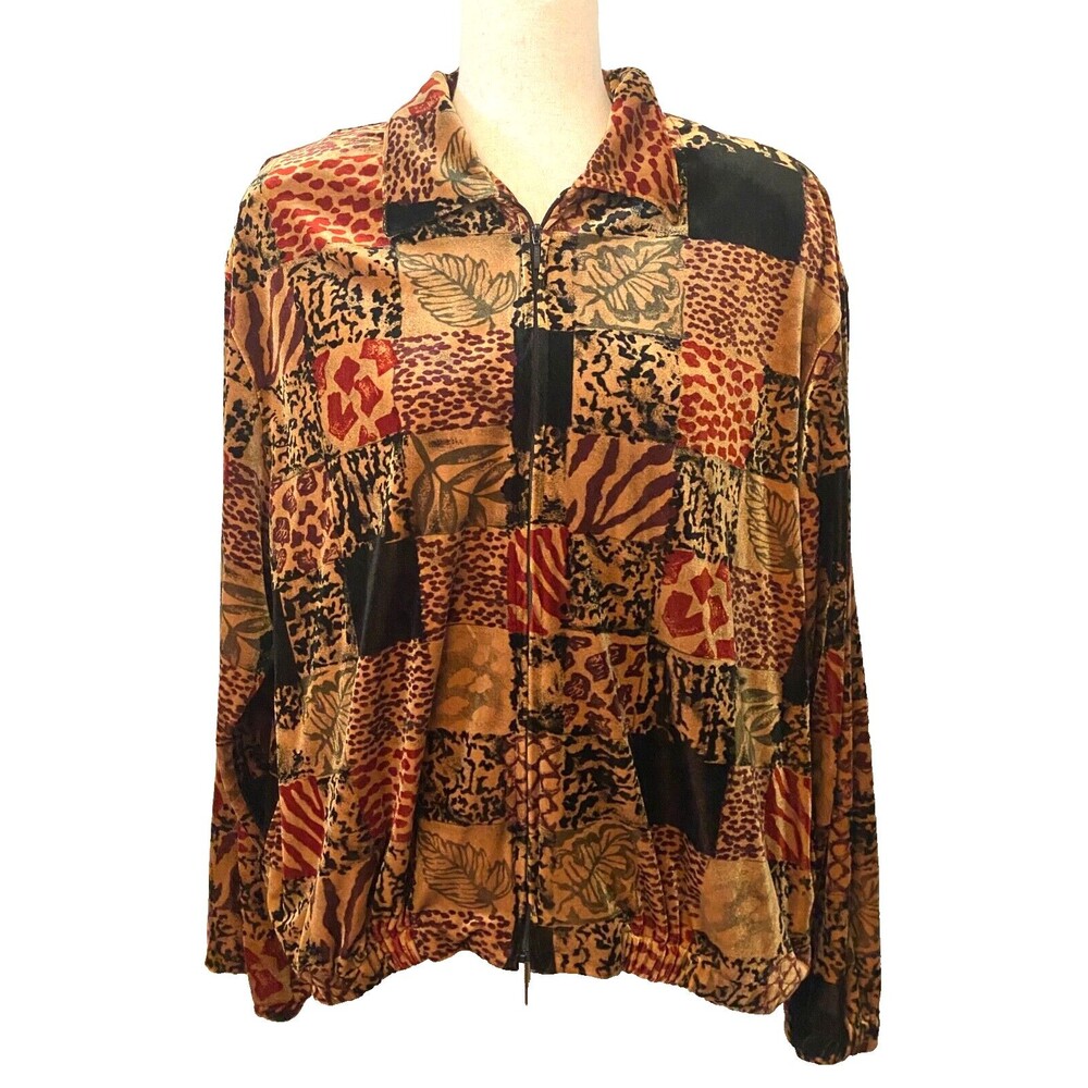 JOAN LESLIE Velvet Leopard Patchwork Jacket Women's L Athleisure Track Vtg Y2K